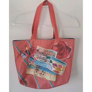 Lancome Summer Tote Bag Lined Pink Postcard Print Vacation Resort Retro 17x15‎